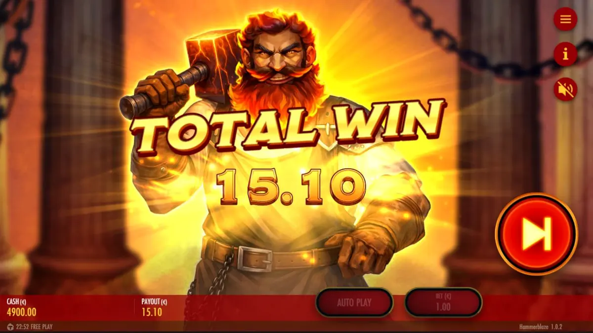 Tampilan visual slot Hammerblaze dengan tema gunung berapi dan bengkel dewa
