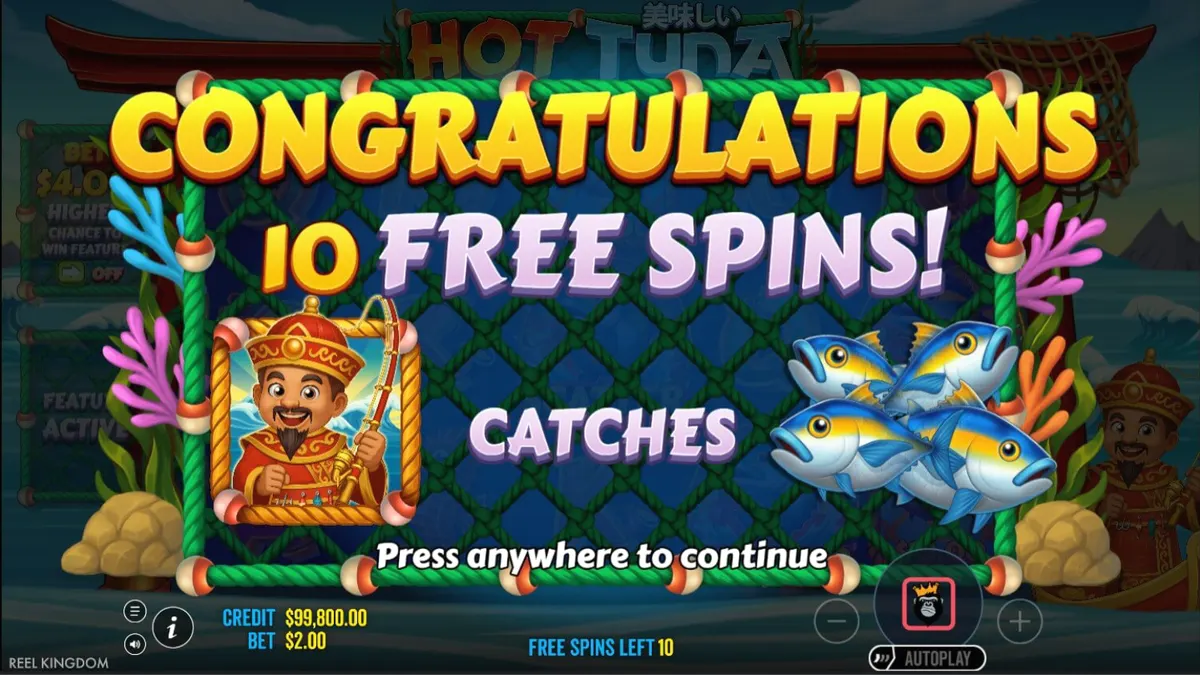 Pemandangan laut yang tenang dan nelayan dalam slot Hot Tuna