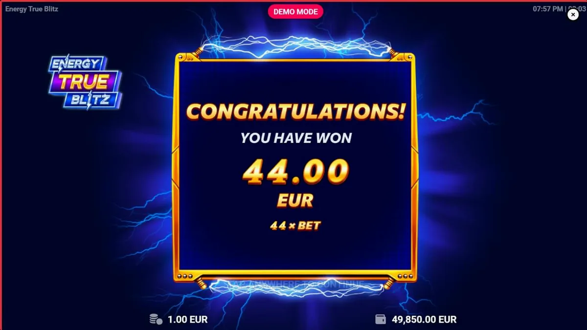 Tampilan layar slot Energy True Blitz pada perangkat smartphone dengan tema neon yang cerah.
